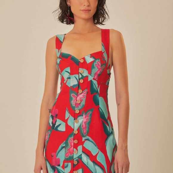 Farm Rio Red Summer Foliage Mini Dress - Picture 1 of 6